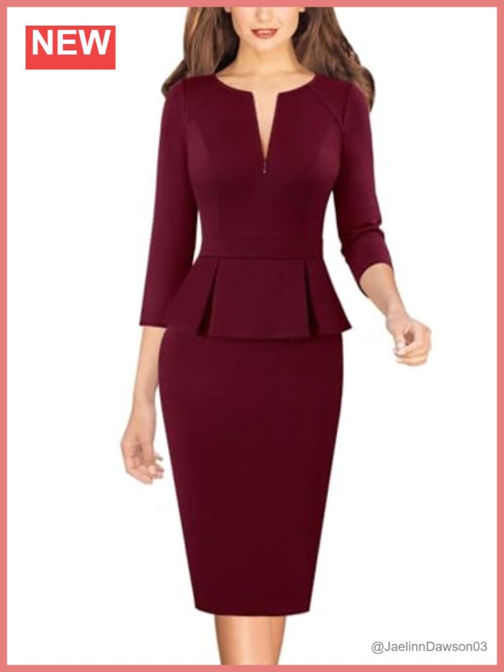 Womens Work Business Peplum Sheath Dress Front Zipper 3/4 Sleeve